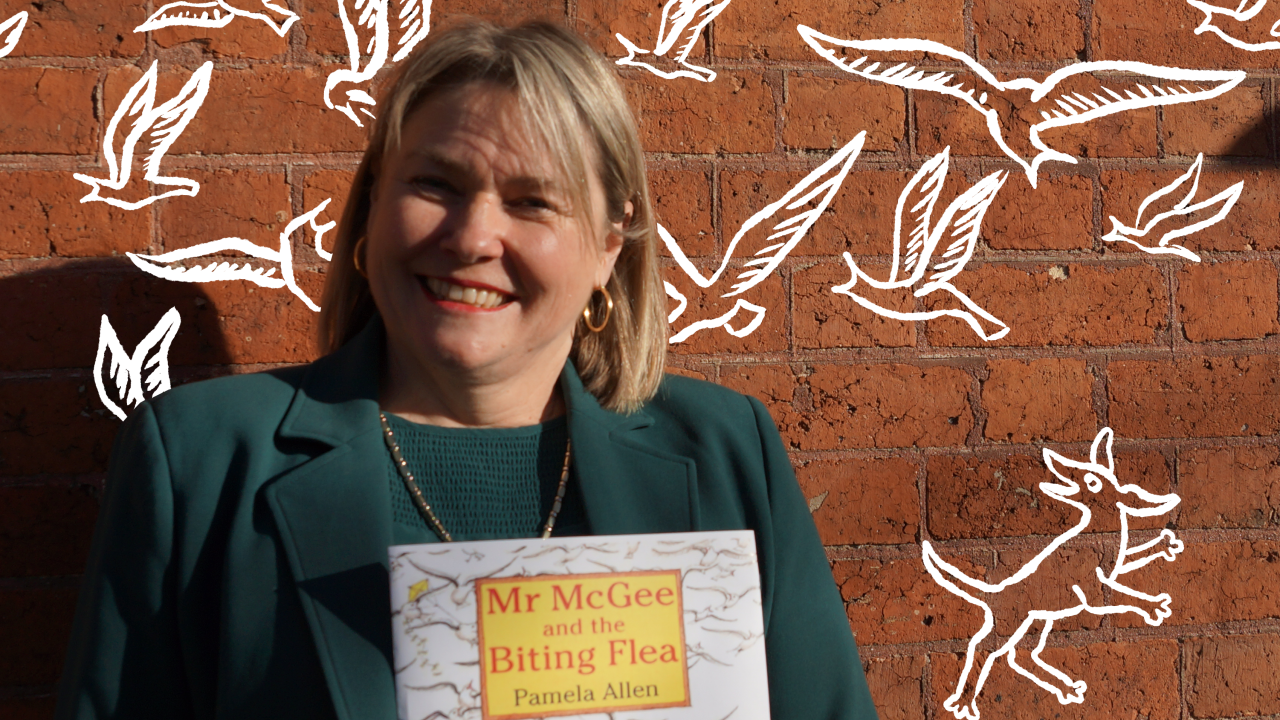 Simone Eirth with her favourite book to teach in celebration Children's Book Week of 