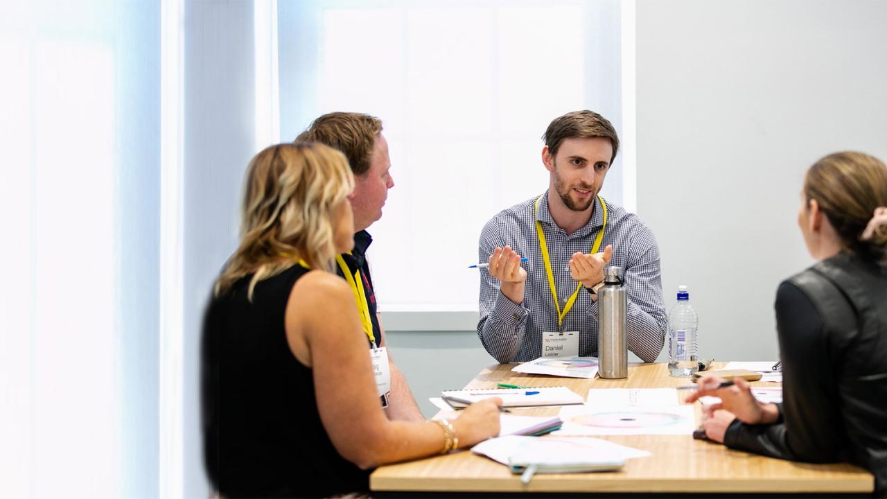Group of 4 women and one male leading the discussion around the desk table.