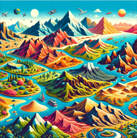 AI generated image showcasing a variety of landscapes and landforms