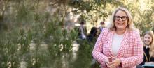Sandringham Secondary college teacher. Pink jacket. Black Glasses, Big smile
