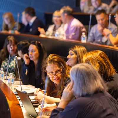 Participants seated in theatre audience in discussion 